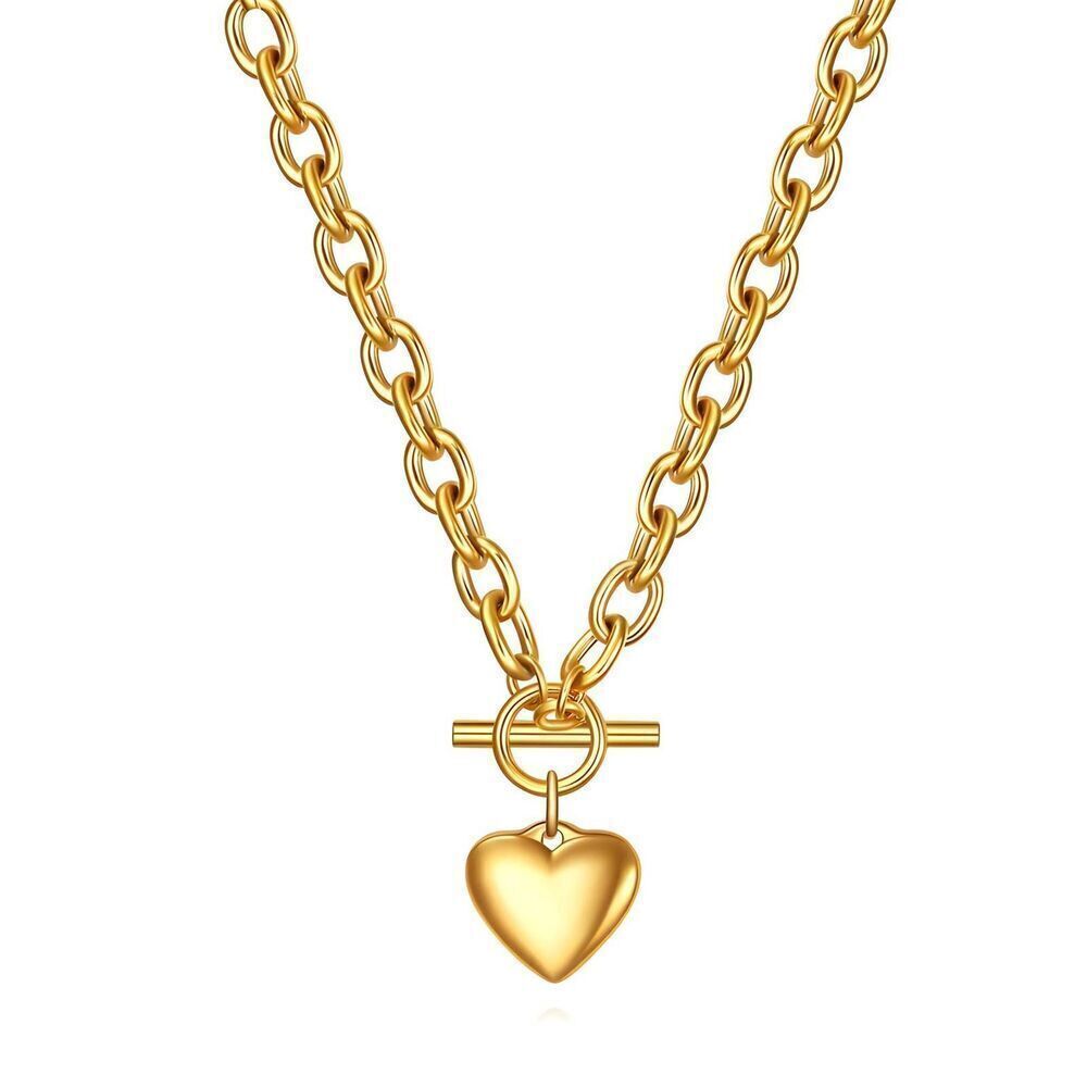 18K Gold Plated Stainless Steel "Heart" Necklace Chunky Women's Jewelry